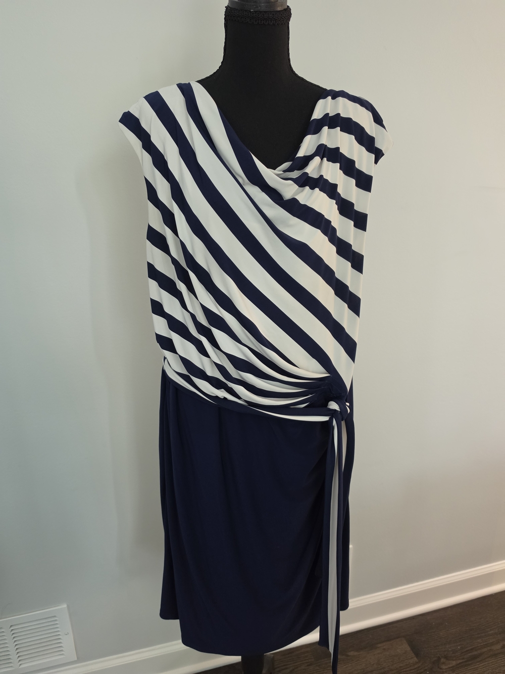 Ralph Lauren Navy and White Striped Cowl Midi Dress with Side Tie